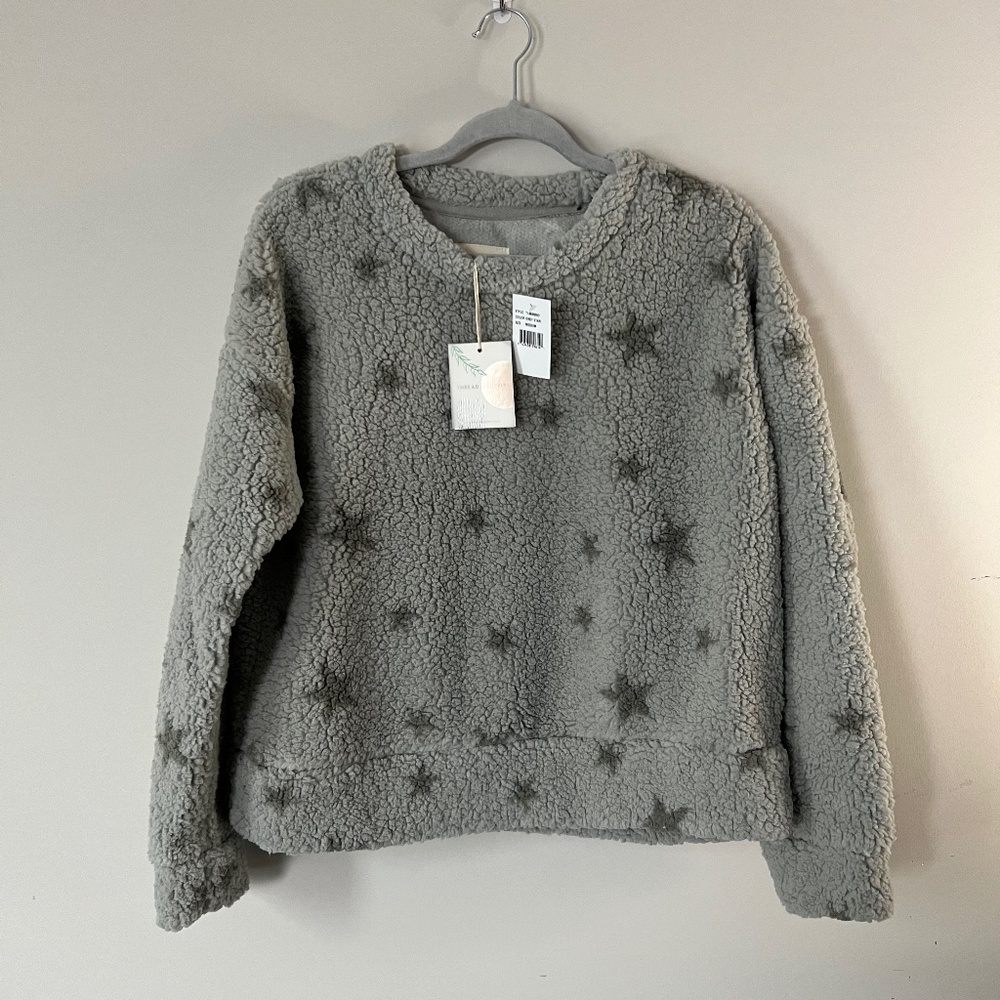 Thread and Supply Grey Star Print Sherpa Crewneck Pullover
